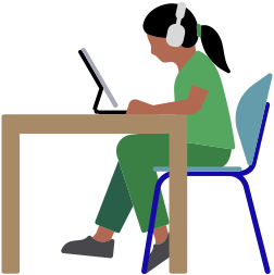 AirPods Max를 착용한 여성이 책상에 앉아 iPad를 사용하는 모습