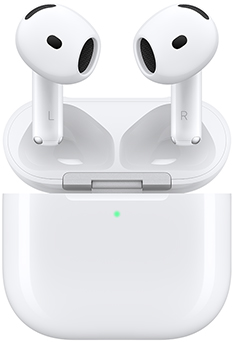 AirPods 5: white color, oval-shaped earbuds, short stems, wireless charging case, seamless construction with speaker opening, external LED power indicator, lid open, attached by silver hinge