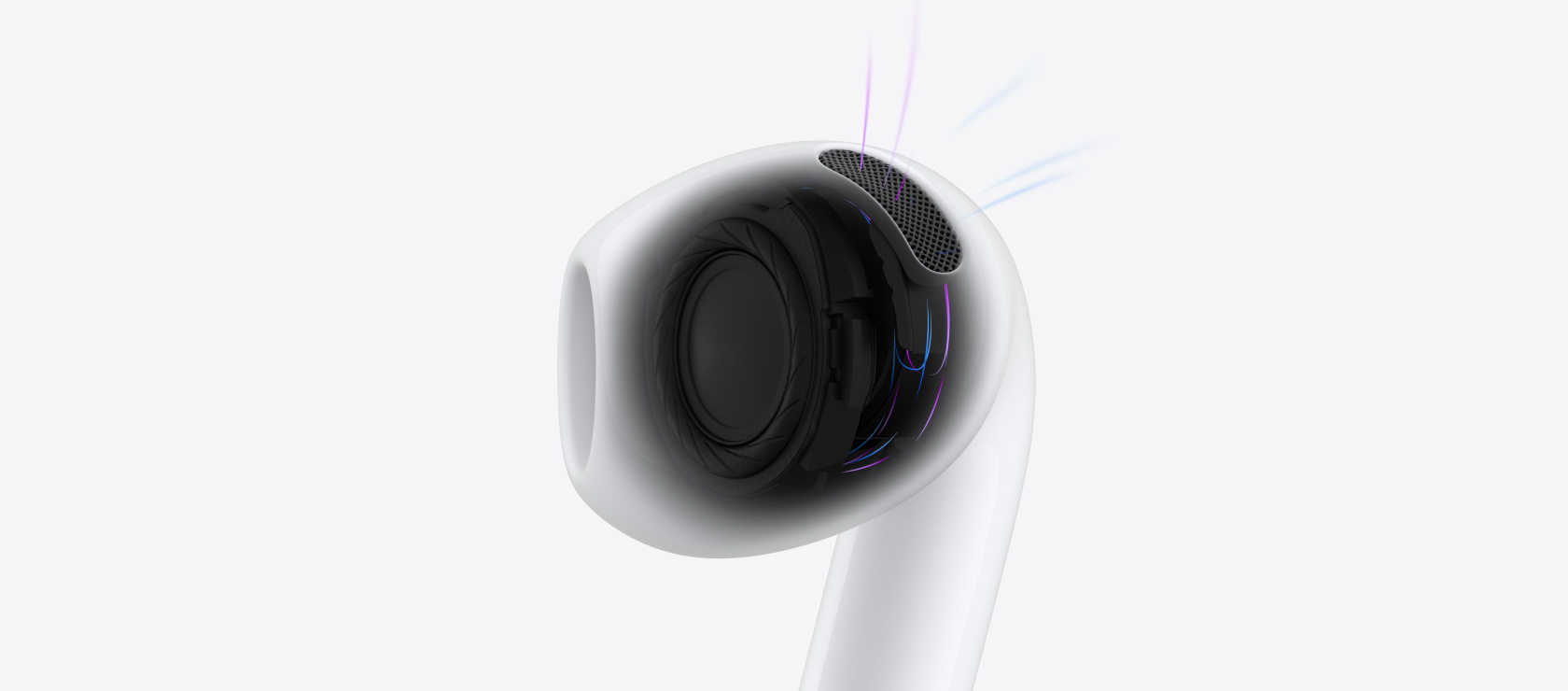 AirPods 5 internal architecture, with blue lines indicating air and sound coming through the earbud