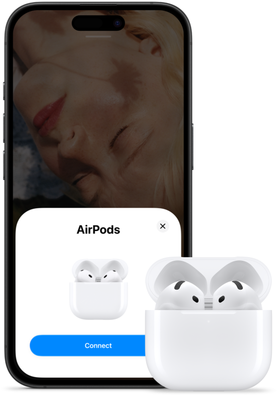 An open charging case with AirPods 5 inside, next to an iPhone showing that AirPods 5 have been connected.