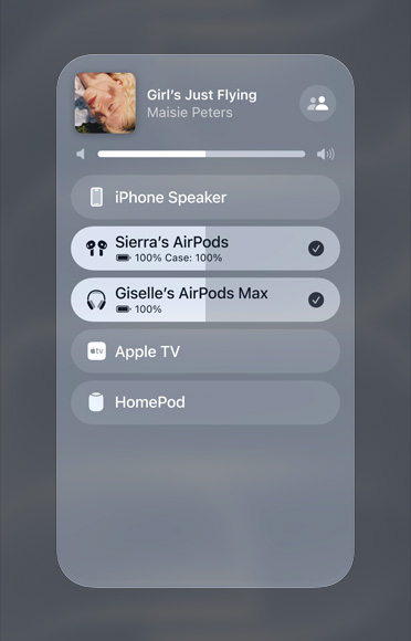 Image of a song on Apple Music playing on two different sets of AirPods.