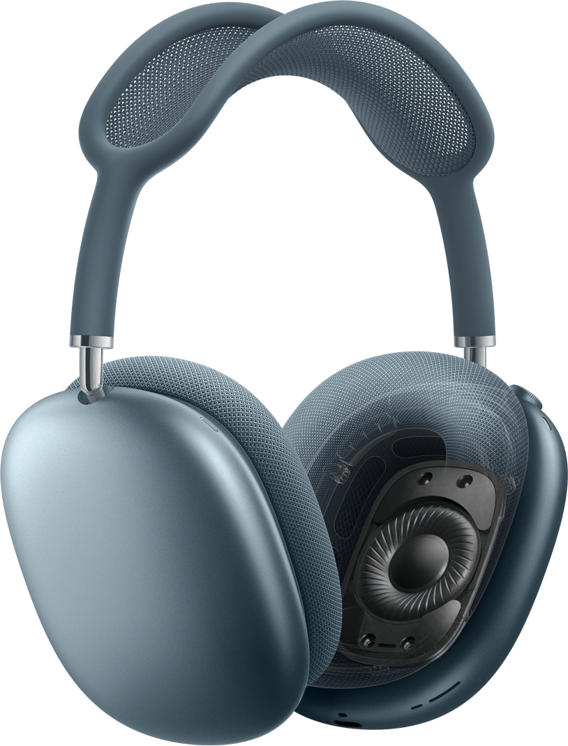 AirPods Max kolmveerandnurga alt. Vasakpoolne kõrvapadi on välja lõigatud, et näidata sisemist tehnoloogiat.