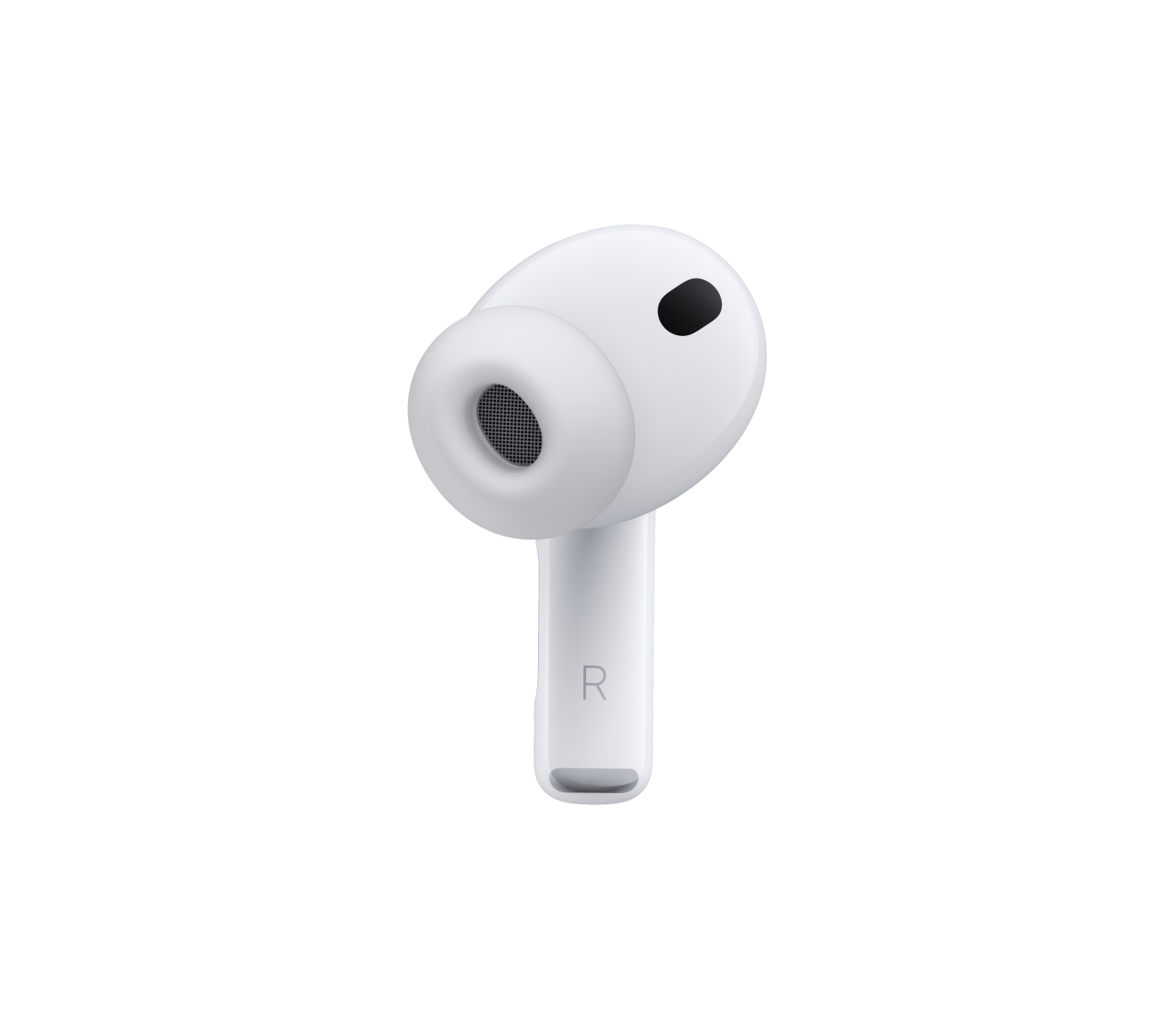 AirPods Pro 3, beyaz renk, gürültü engelleme özellikli mikrofon, silikon kulaklık ucu, kısa alt uçta R harfi bulunuyor