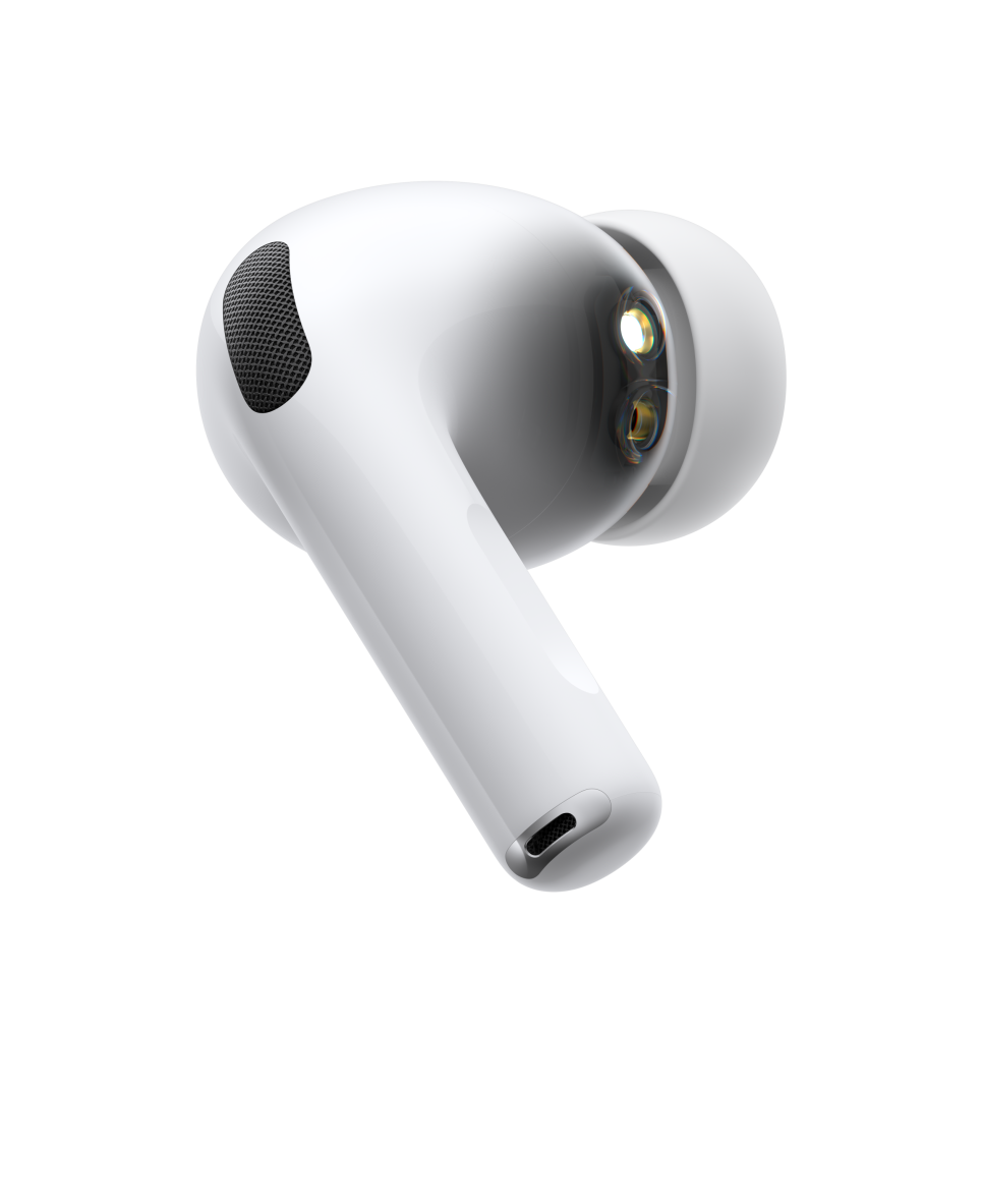 AirPods Pro 3, kablosuz kulaklık, beyaz renk, yandan dış görünüm, silindirik kısa alt uç, gürültü engelleme özellikli mikrofon, silikon uç, nabzı gösteren dalga