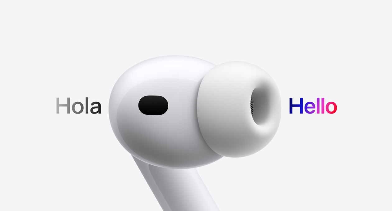 AirPods Pro 3, earbud with silicone tip, Live Translation changes Spanish characters reading ‘hola’ to English text reading ‘hello’