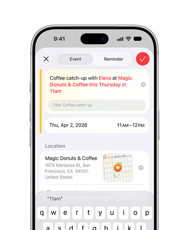 iPhone 17 Pro Silver, screen showing Apple Intelligence creating a Calendar event based off description provided by user