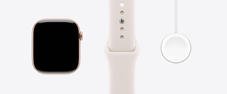 Apple Watch Series 11, boîtier en aluminium, couleur or rose, face avant, écran bord à bord, Bracelet Sport rose tendre, Câble de charge rapide magnétique vers USB‑C pour Apple Watch