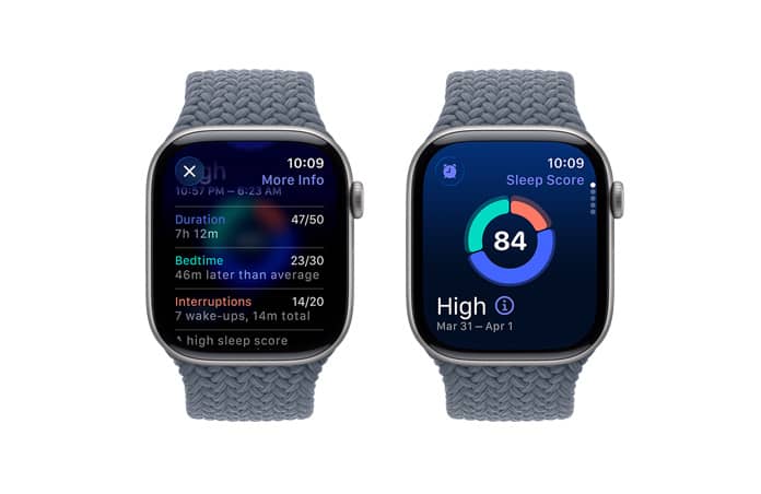 Apple Watch Series 11, space gray color, aluminum case, sleep score notification, right side exterior, Digital Crown, Braided Solo Loop, anchor blue color