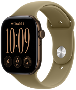 Apple Watch Series 12, aluminum case, dark bronze color, Modular Compact watch face, complications: day and date, Run workout, heart rate, readiness, right side exterior, Digital Crown, side button, Sport Band, olive color