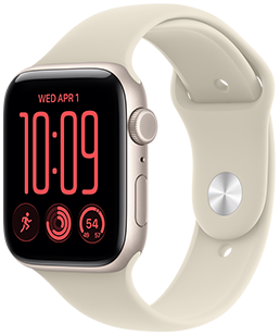 Apple Watch SE 3, aluminum case, starlight color, Modular Compact watch face, complications: day and date, Run workout, Activity rings, Weather, right side exterior, Digital Crown, side button, Sport Band, sand color