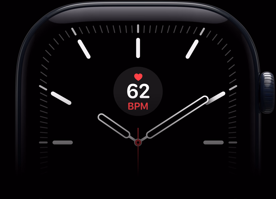 Apple Watch Series 12, aluminum case, black color, Meridian watch face with heart rate complication, right side exterior, Digital Crown