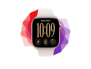 Apple Watch, front exterior, Apple Watch silhouette fans out from behind into spectrum of purple and red colors