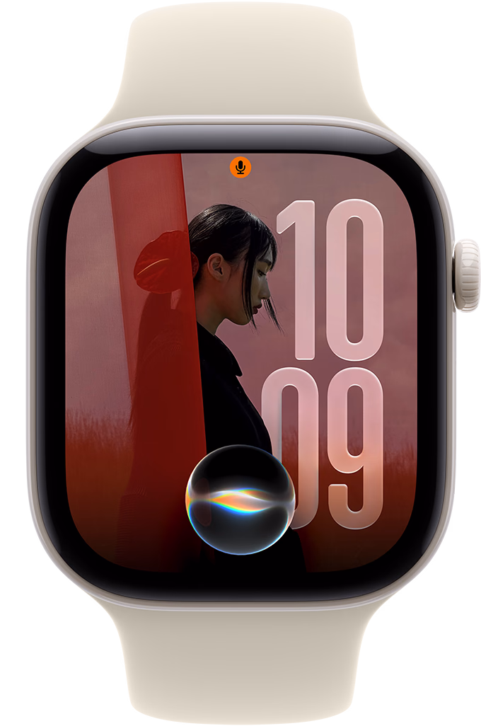 Apple Watch Series 12, ceramic case, pearl white color, Photos watch face with Siri icon, right side exterior, Digital Crown, Sport Band, sand color