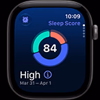 Apple Watch Series 12, aluminum case, space gray color, sleep score circle graph, right side exterior, Digital Crown