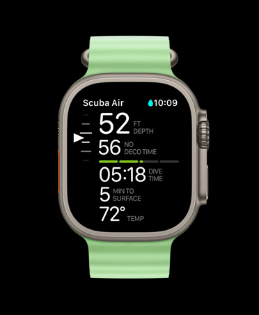Apple Watch Ultra 3, finition naturelle, boîtier en titane, données de plongée Oceanic+: profondeur, temps de décompression, temps de plongée, minutes jusqu’à la surface, température de l’eau, Bracelet Océan, coloris vert fluo