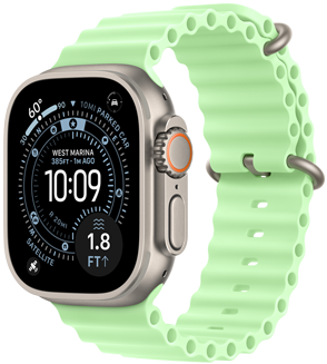 Apple Watch Ultra 3, finition naturelle, boîtier en titane, cadran Orientation, complications: Indice UV, Activité, Satellite, Boussole, côté droit, Digital Crown, micro, bouton latéral, bracelet Ocean, coloris vert fluo