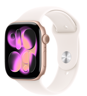 ساعة Apple Watch Series 11، لون ذهبي وردي، إطار ألومنيوم، واجهة الساعة 'Responsive Art'، الجزء الخارجي الأيمن، التاج الرقمي، ميكروفون، الزر الجانبي، حزام رياضي، لون خوخي متورد