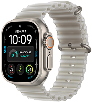 Apple Watch Ultra 4, titanium case, natural color, Modular watch face, complications: day and date, readiness, heart rate, Run workout, Weather, right side exterior, Digital Crown, raised side button, Ocean Band, translucent gray color
