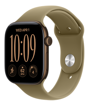 Apple Watch Series 12, aluminum case, dark bronze color, Modular Compact watch face, complications: day and date, Run workout, heart rate, readiness, right side exterior, Digital Crown, side button, Sport Band, olive color