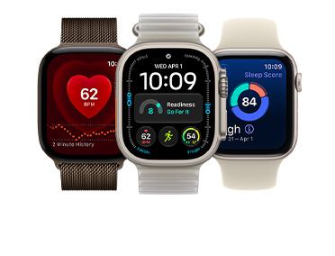 Three Apple Watch devices: Apple Watch Series 12, aluminum case, dark bronze color, Heart Rate app, dark bronze color Milanese Loop band, Apple Watch Ultra 4, titanium case, natural color, Modular watch face with readiness, heart rate, Workouts, and UV Index complications, right side exterior, Digital Crown, raised side button, translucent kelp color Ocean Band, Apple Watch SE 3, aluminum case, starlight color, sleep score, right side exterior, Digital Crown, sand color Sport Bands
