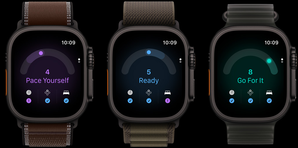 Three Apple Watch Ultra 4 devices: black titanium case, readiness score 4, dark umber Trail Loop band, black titanium case, readiness score 5, dark olive Alpine Loop band, black titanium case, readiness score 8, translucent black Ocean Band