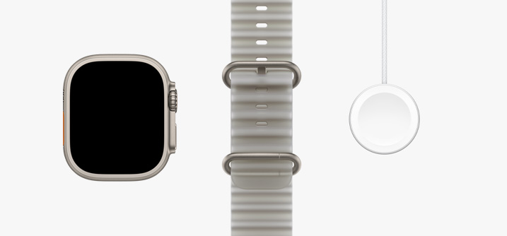 Apple Watch Ultra 4, natural titanium color case, edge-to-edge display, translucent gray Ocean Band, Apple Watch Magnetic Fast Charger to USB-C Cable