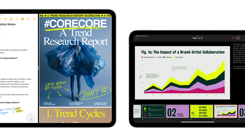 Varias pantallas muestran notas y una presentación.