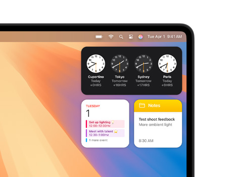 Varios widgets en el escritorio de un Mac, incluyendo Reloj, Calendario, Notas y Tiempo.