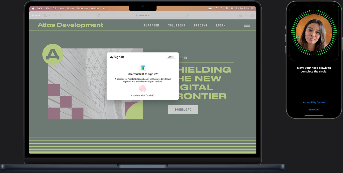 Un Mac y un iPhone con diferentes pasos de Touch ID para iniciar sesión de forma segura.