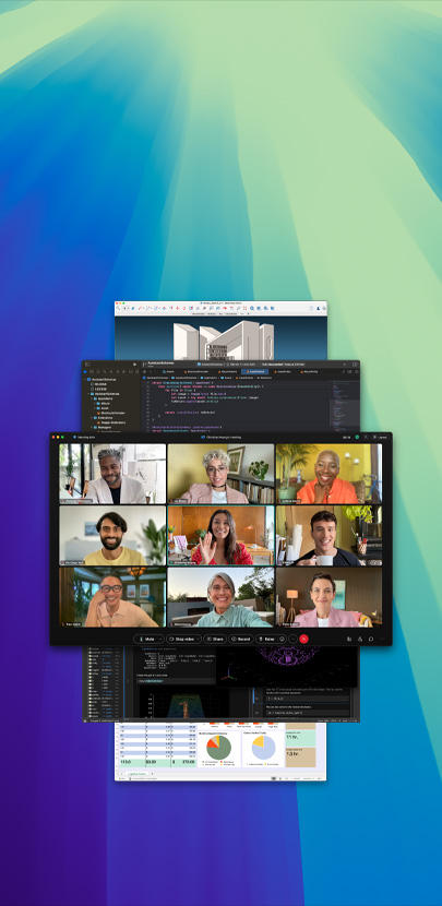 Varias aplicaciones abiertas y superpuestas una encima de otra. La app en primer plano es una llamada de Zoom con varios participantes.