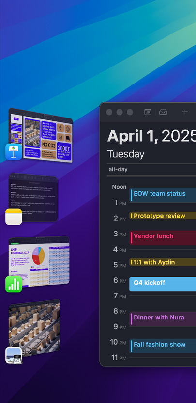 Se muestran varias apps de iOS en un Mac. Destaca la app Calendario con la agenda del día.