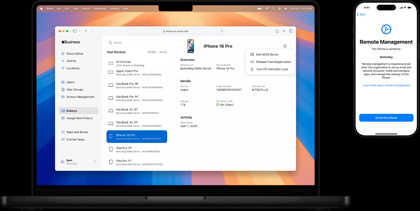 MacBook 與 iPhone 的圖片，在 MacBook 螢幕上顯示 Safari 和 Touch ID 視窗，並出現使用指紋登入的提示；而 iPhone 螢幕上則顯示 Face ID 設定畫面，並出現慢慢轉動頭部來完成圓圈的 Face ID 掃描提示