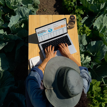 Vista panorámica de una mujer con un sombrero de ala ancha que trabaja en una presentación de negocios en una MacBook, sentada en una mesa en un jardín.