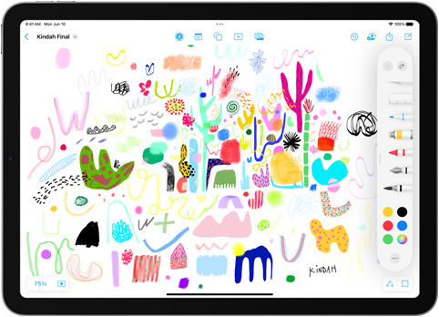 On an iPad, the drawing tools drawer in the Freeform app is open on top of a colourful drawing