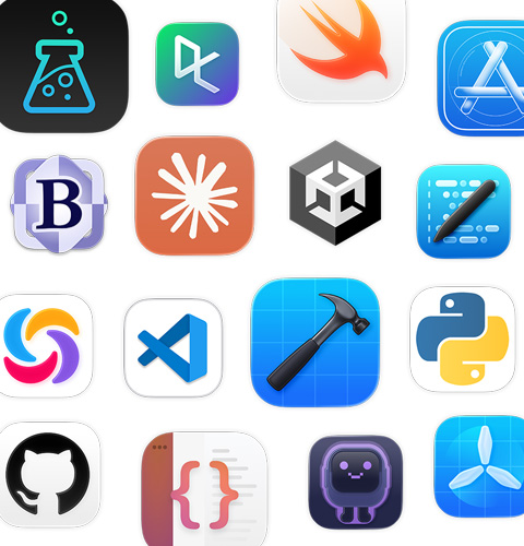 En uppsättning ikoner för kodningsappar, inklusive Unity Editor, DataCamp, Swift Playground och Apple Developer.