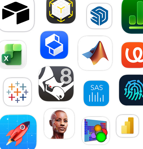 En uppsättning ikoner för STEM-appar, inklusive Shapr3D, MATLAB, uMake och Tableau.