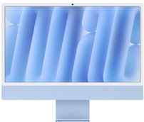 iMac sedd framifrån, blå, kamera högst upp i mitten, visar blå abstrakt bakgrundsbild.