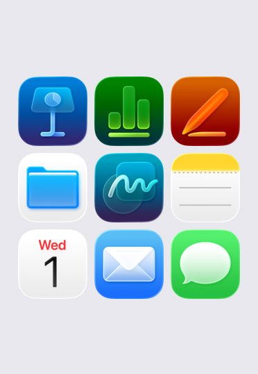 Apple-appikoner ordnade i ett 3 × 3-rutnät, inklusive: Keynote, Numbers, Pages, Filer, Anteckningar och Kalender.