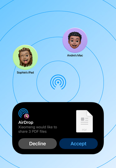 AirDrop-gränssnitt som visar en begäran om att dela tre pdf-filer, med alternativ att avvisa eller acceptera.