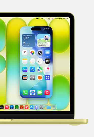 MacBook, vue de face, l’écran affiche la fonctionnalité recopie de l’iPhone, permettant de gérer l’écran de l’iPhone depuis le Mac.