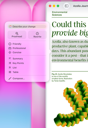 En artikel i Pages, med en Apple Intelligence-prompt med alternativ att sammanfatta markerad text, göra den mer koncis med mera.