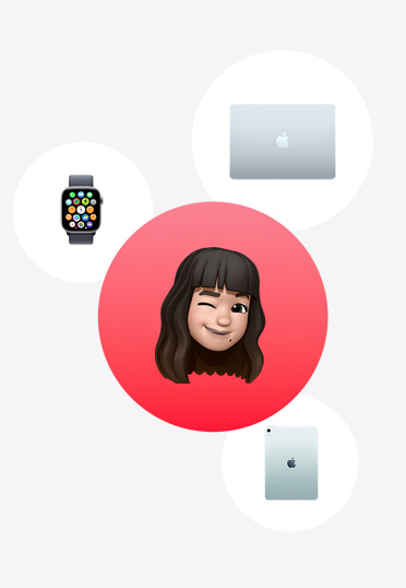 Apple Watch, MacBook och iPad runt en Memoji i en röd cirkel.