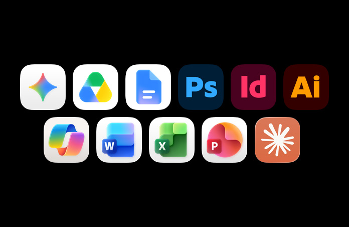 Row of icons, including Google Gemini, Google Drive, Google Docs, Adobe Photoshop, Adobe InDesign, Adobe Illustrator, Microsoft Copilot, Microsoft Word, Microsoft Excel, Microsoft Powerpoint, Claude