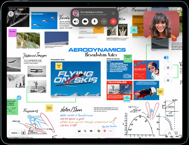 iPad 顯示一份空氣動力學簡報，內容包含手寫筆記及圖像，螢幕上正進行 FaceTime 視像通話