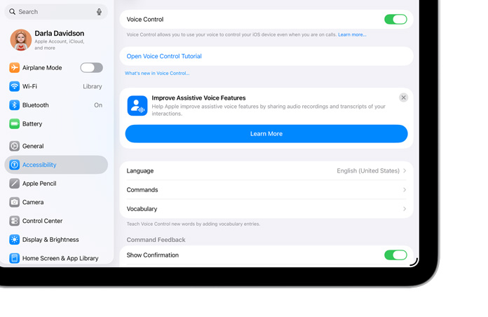 iPad 的語音控制設定，展示 iPad 如何讓用户使用內置的輔助使用功能來操控裝置