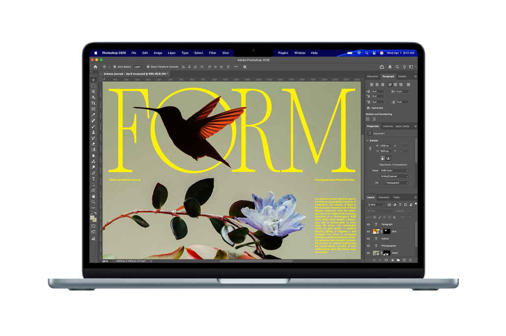 MacBook Air 螢幕顯示，正在使用 Adobe Photoshop 設計科學期刊封面