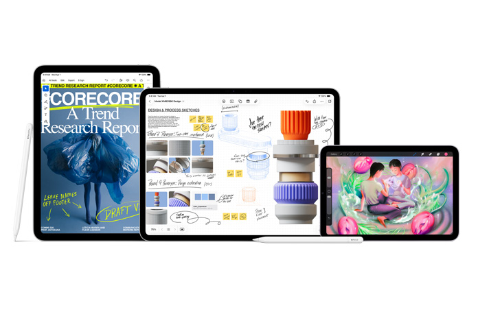 iPad 裝置系列，包括 iPad Pro、iPad Air 及 iPad，Apple Pencil Pro 斜靠在 iPad Pro 旁，而 Apple Pencil 則平放在其他 iPad 前方
