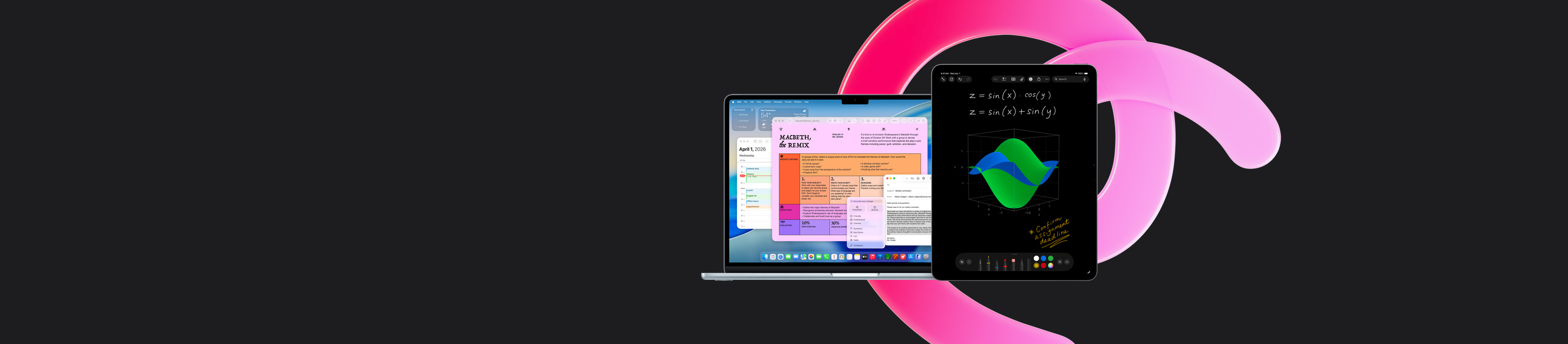 MacBook Air 正顯示 Pages、日曆、提示和郵件，旁邊的 iPad 則顯示數學備忘錄中的手寫方程式，以展示內置 app 的生產力