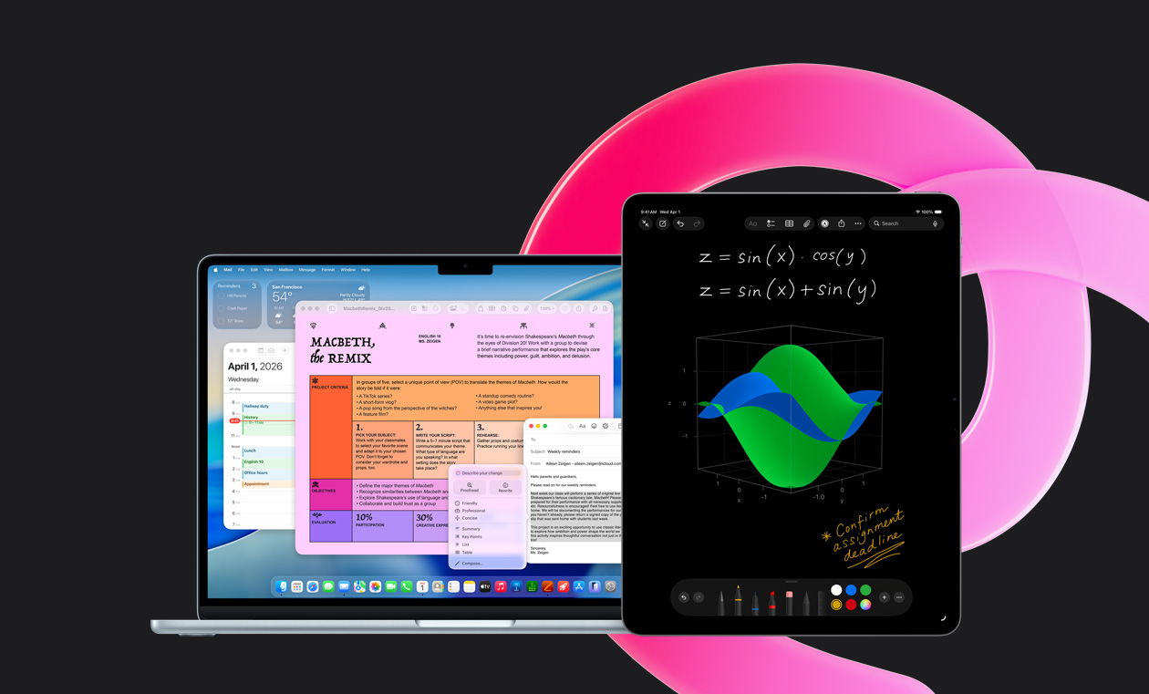 MacBook Air 正顯示 Pages、日曆、提示和郵件，旁邊的 iPad 則顯示數學備忘錄中的手寫方程式，以展示內置 app 的生產力