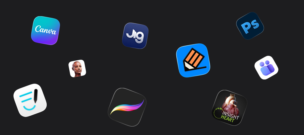 一連串 app 合作夥伴圖像，包括 Goodnotes、Canva、Complete Anatomy、Procreate、JigSpace、Notability、INSIGHT HEART、Adobe Photoshop、Microsoft Teams